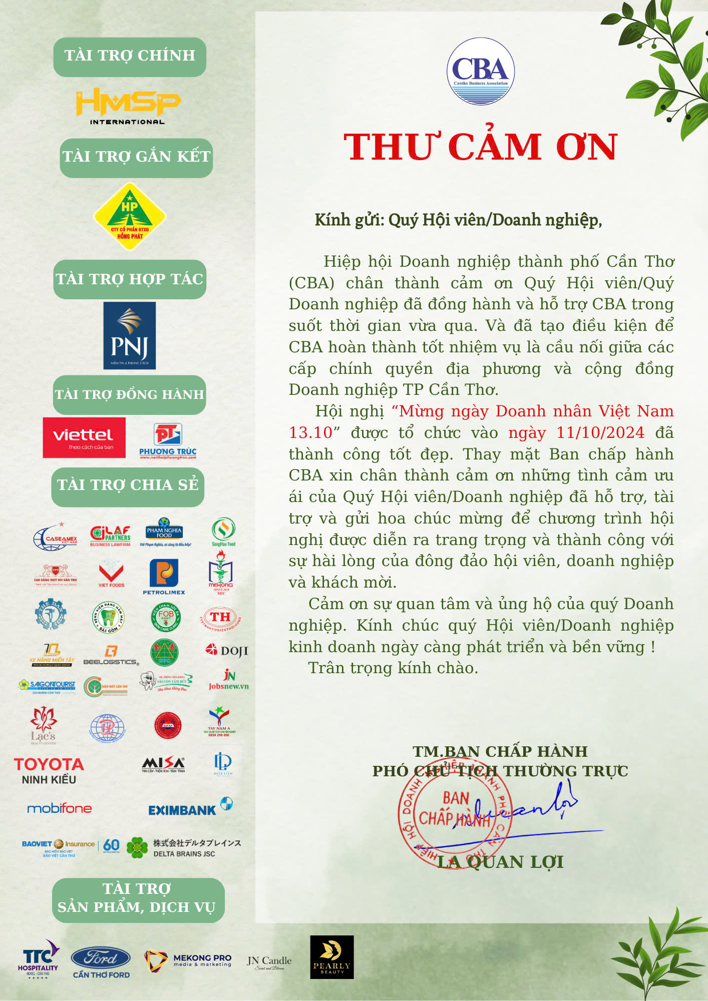 Thư Cảm Ơn & Tri Ân Nhà Tài Trợ Đồng Hành Cùng CBA Cần Thơ