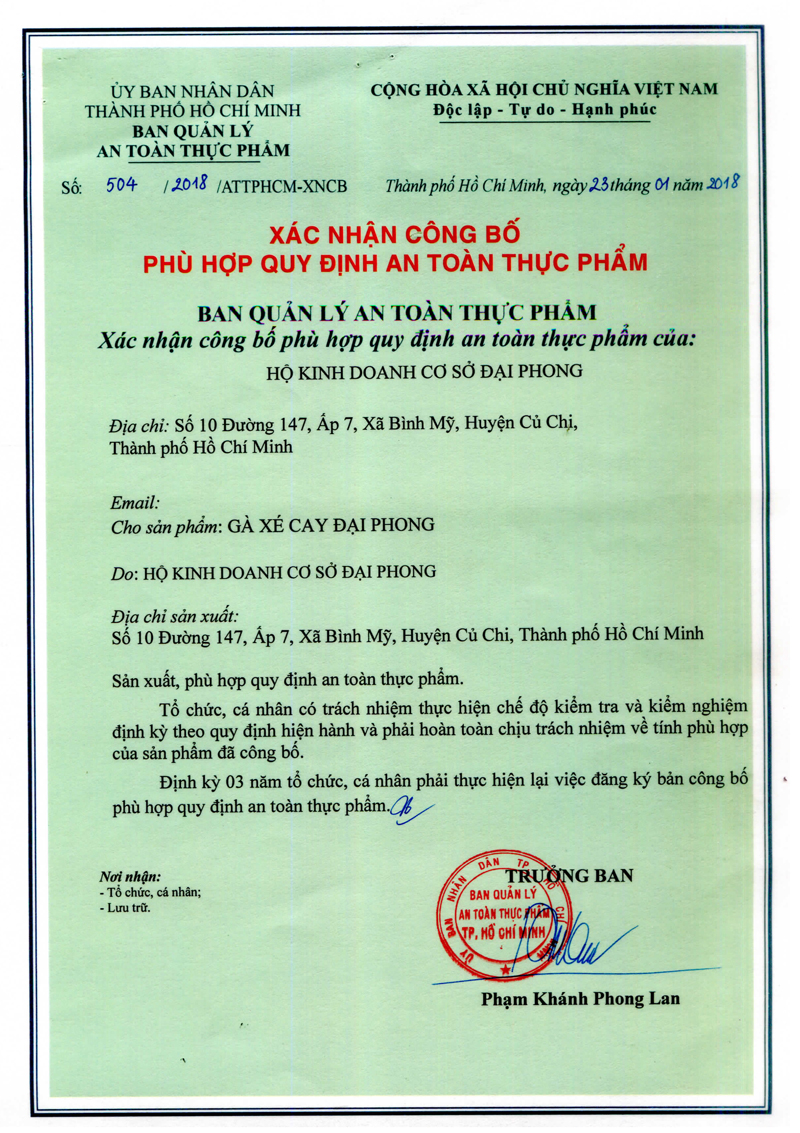 Chứng nhận an toàn thực phẩm khô gà