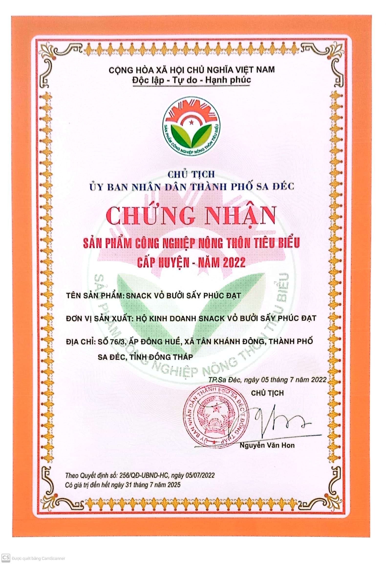 Chứng nhận an toàn thực phẩm snack vỏ bưởi sấy