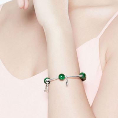 Vòng Đá Cẩm Thạch Charm Bạc 925 Cỏ 4 Lá 10mm Ngọc Quý Gemstones VT170