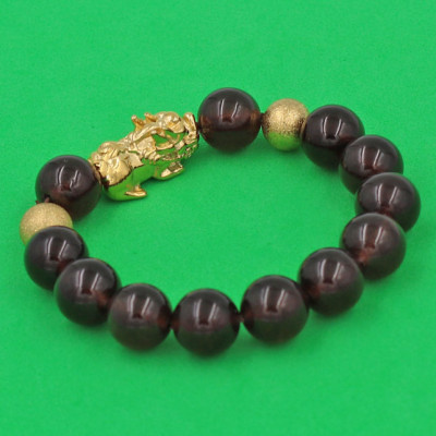 Chuỗi đeo tay đá Vân Rồng Nâu 12 ly - cẩn Tỳ Hưu Phong Thủy inox vàng VVRNTHHBV12