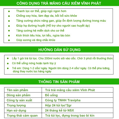 Trà Túi Lọc | Trà Mãng Cầu Xiêm Vĩnh Phát; 100% Thiên Nhiên, 100% Từ Thịt Trái Mãng Cầu Xiêm Được Trồng Hữu Cơ Tốt Cho Sức Khỏe; Có Chứng Nhận ATVSTP, HACCP, FDA... (Hộp 24 Túi Lọc)