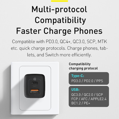 Adapter củ cóc sạc nhanh 65W đa năng USB & PD Type-C hiệu Baseus GaN2 Lite chuẩn sạc nhanh PD 3.0 & QC 4.0 công nghệ GAN thế hệ 2, chip BPS 2.0 - hàng nhập khẩu