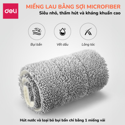 Cây lau nhà tự vắt có thùng 2 ngăn Deli, Bộ chổi lau nhà 360 độ kèm 3 bông lau microfiber siêu sạch
