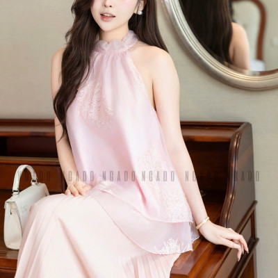 Áo yếm hồng thêu hoa NGADO , ào kiểu nữ , áo hở vai