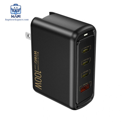 Củ sạc hàng chính hãng WiWU Warrior GaN 100W (3C1A) Wi-U022W: Sạc nhanh laptop, điện thoại, kèm đầu chuyển đa quốc gia
