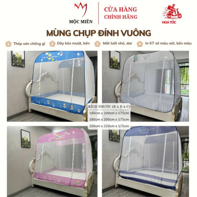 Màn Chụp , Mùng Chụp Cao Cấp Mộc Miên Đỉnh Vuông - Kích Thước 1,8mx2m ( Trắng Viền Hồng )