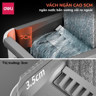 Cây lau nhà tự vắt có thùng 2 ngăn Deli, Bộ chổi lau nhà 360 độ kèm 3 bông lau microfiber siêu sạch