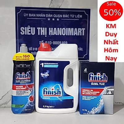 Bộ 3 sản phẩm Bột rửa bát finish 2.5kg+nước bóng 1150ml+Muối rửa chén finish 1.5kg cho Máy