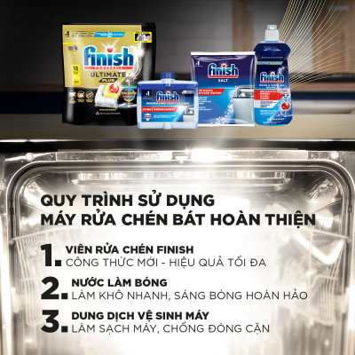 Combo 2 Viên rửa chén Finish Ultimate 18 viên + Nước làm bóng Finish 500ml + Muối rửa chén Finish 2kg