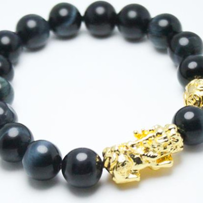 Vòng tay đá mắt hổ xanh đen mix Tỳ hưu vàng MS234, Vòng tay phong thủy hợp mệnh Thủy,Mộc, Thổ cho nam và nữ