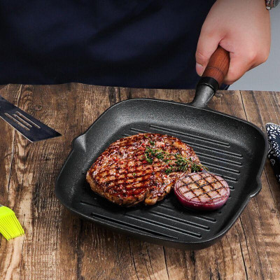 Chảo Gang Nướng Chống Dính Cán Gỗ Sọc Ngang Nướng Bbq Bò Bít Tết Gang Đúc Nguyên Khối