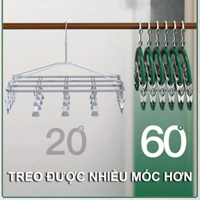 Combo 3 cái Móc treo 10 kẹp phơi đồ đa năng - Móc phơi đồ, tất, vớ, đồ lót - Móc kẹp Inox treo quần áo, gấp gọn, tiện dụng