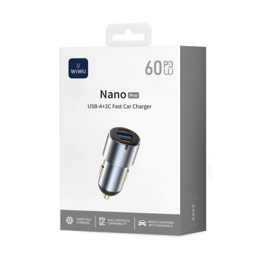 Tẩu củ sạc nhanh 60W cho xe hơi ô tô 2 PD3.0 Type- C + USB-A QC3.0 hiệu WIWU Nano Pro cho iphone 17 16 15 14 13 12 iPad vivo samsung macbook - hàng chính hãng