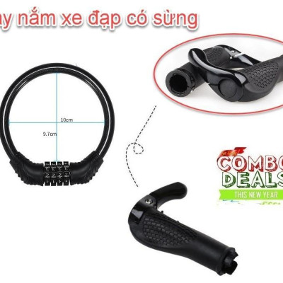 Combo Tay Nắm Cao Su Xe Đạp Có Sừng và khóa chống chộm xe đạp 4 số đổi mã