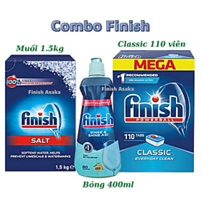 Combo rửa bát Finish: Hộp Classic 110 viên, Nước làm  bóng chai 400ml, Muối hộp 1,5kg - Chính hãng.