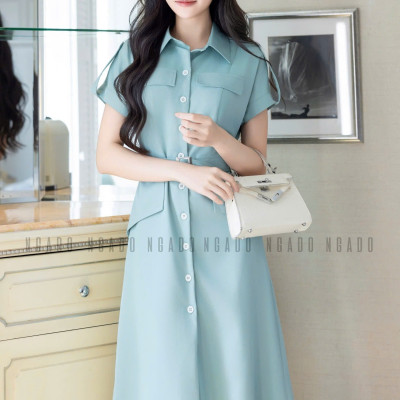 Đầm sơ mi xanh mint NGADO , đầm công sở , đầm dự tiệc