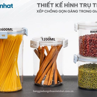 Hộp đựng thực phẩm đồ khô, ngũ cốc trái cây sấy, sữa bột Hokori Việt Nhật, Hộp bảo quản đồ ăn trong suốt nắp kín hình trụ tròn - Hàng Việt Nam