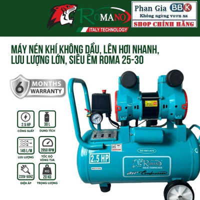 [chính hãƞg] Máy nén khí không dầu lên hơi  nhanh ROMANO 30L, Mô tơ 100% Dây đồng, Bảo hành 1 năm