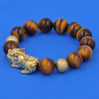 Chuỗi đeo tay Đá Mắt Hổ Vàng Đen 14 ly mix Tỳ Hưu inox vàng TH9 - hợp mệnh Thổ, mệnh Kim