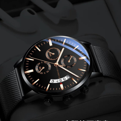 Đồng hồ nam ECONOMICXI phong cách nam tính có lịch ngày dây thép mành đen cao cấp