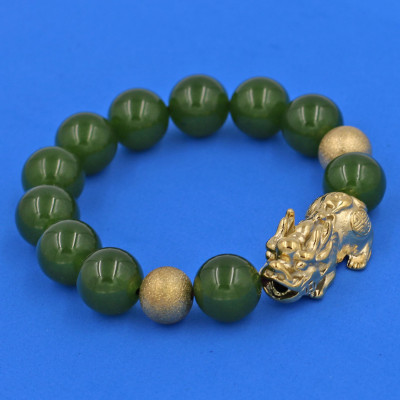 Vòng chuỗi đeo tay mã não xanh rêu 14 ly ( size lớn ) charm tỳ hưu và bi inox vàng, vòng tay chuỗi hạt