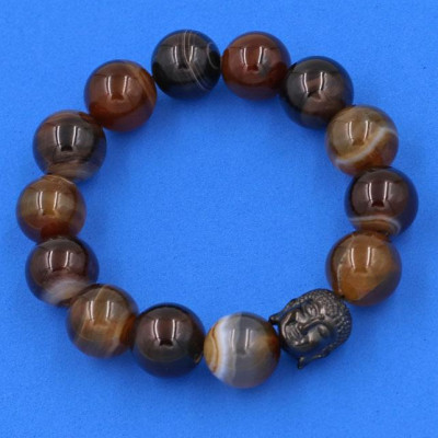 Vòng đeo tay mã não nâu sọc 14 ly cẩn hạt Phật A Di Đà inox đen VMNNSNLE14 - hợp mệnh Kim, mệnh Thổ