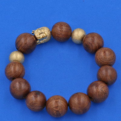 Chuỗi hạt đeo tay Gỗ Thủy Tùng Nâu 15 ly - Vòng tay Phật A Di Đà inox vàng VGTTNNLVHB14 - Vòng đeo tay size lớn