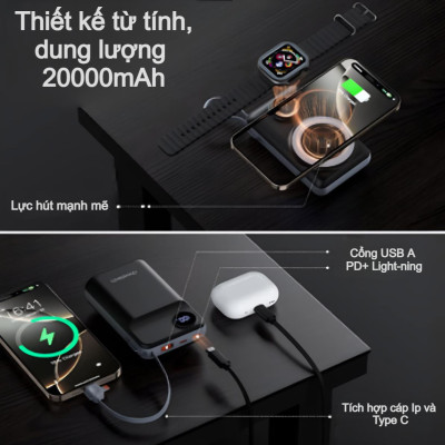 Pin dự phòng Magnetic 3in1 công suất 22.5W Choetech B696 dung lượng 20000mAh tích hợp cáp iP và Type C (Hàng chính hãng)