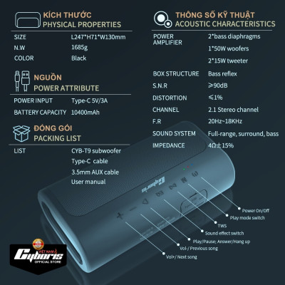 Loa Bluetooth Cyboris T9, Công suất 80W, Chống nước IPX5, Pin 10400mAh. Loa siêu Bass. Hàng Chính Hãng. Bảo hành 18 tháng