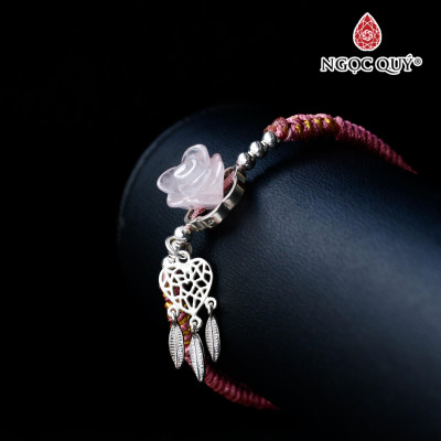 Vòng tay thắt dây hoa hồng đá thiên nhiên phối charm dream catcher trái tim - Ngọc Quý