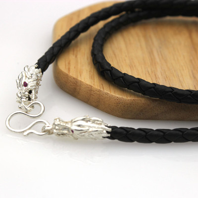 Dây Chuyền Nam Bạc Hiểu Minh DDN031T Dây Da thật 100% bọc bạc đầu rồng