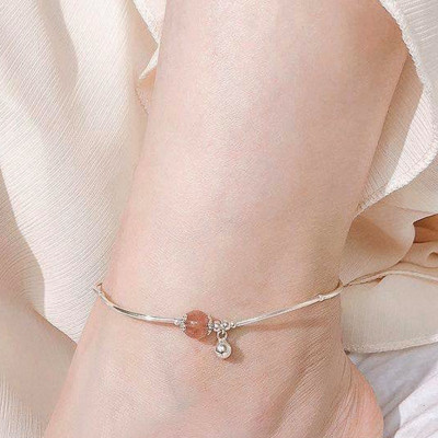 Lắc chân bạc đá thạch anh dâu phối chuông treo mệnh hỏa, thổ - Ngọc Quý Gemstones
