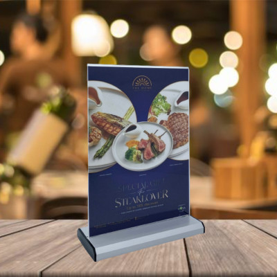 Kệ menu nhà hàng, Standee mica để bàn, Bảng quét mã QR Code, Kệ mica 2 mặt Enter E29 210x300mm đế nhôm A4 đứng