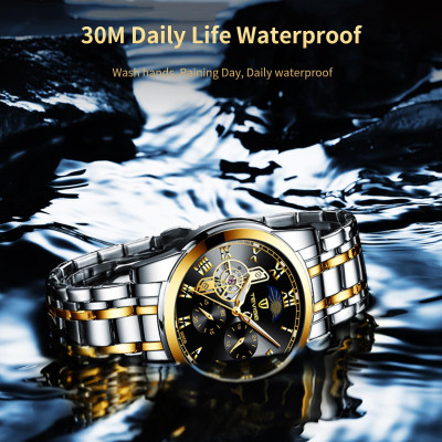 Đồng hồ nam dạ quang Tevise Skeleton/Tourbillon không thấm nước Moon Phase - Vàng & Đen