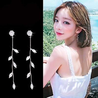 Bông tai nữ lá rơi đính đá dáng dài thanh lịch