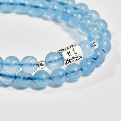 Vòng chuỗi hạt đeo tay 2 line nữ đá aquamarine charm trụ 6mm mệnh thủy , mộc - Ngọc Quý Gemstones