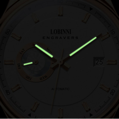 Đồng hồ nam chính hãng Lobinni No.17017-2 BH 24T, Kính sapphire nguyên khối chống xước, chống nước 50m, dây da cao cấp