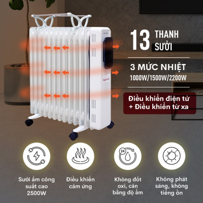 Máy sưởi dầu điều khiển từ xa không khô da Fujihome OH8613, máy sưởi ấm điện 13 thanh màn điện tử cảm ứng , tự ngắt an toàn tiết kiệm điện - Hàng chính hãng