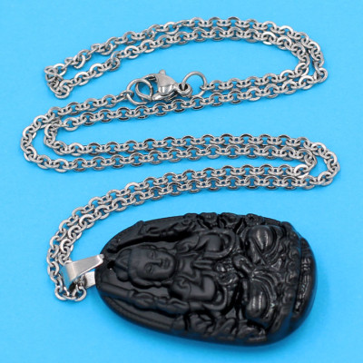 Vòng cổ phật Thiên Thủ Thiên Nhãn - thạch anh đen 3.6cm DITTEB8 - dây inox bạc - tuổi Tý