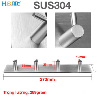 Thanh treo quần áo dán tường 4 chấu inox 304 HOBBY home decor 4TV160