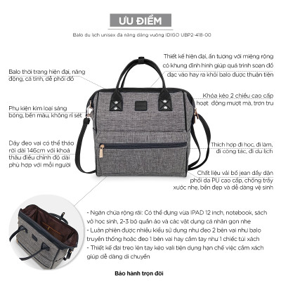 Balo công sở nam nữ dáng vuông IDIGO UBP2 - 418 - 00, ba lô du lịch đa năng nhỏ gọn