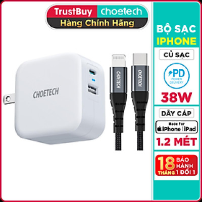 Bộ Củ Sạc CHOETECH QC 3.0 & PD 3.0 38W PD5002-W + Cáp Type C To Lightning MFI Apple 1.2M IP0039 Sạc Nhanh Cho iPhone - Hàng Chính Hãng