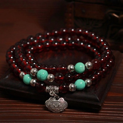 Combo Vòng đeo tay phong thủy Khóa Trường Mệnh chất liệu đá Ngọc Hồng Lựu, kèm hộp đựng lót Nỉ