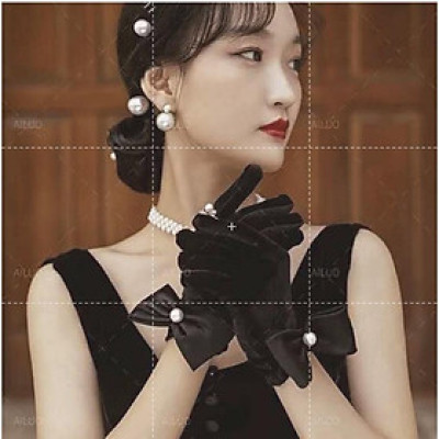 Găng tay đen nhung đính nơ điểm hạt Giangpkc Sp220537