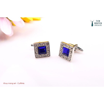 Khuy Cài tay áo Măng Set cao cấp đính đá - cufflinks , tặng kèm hộp nhỏ, đá vuông xanh