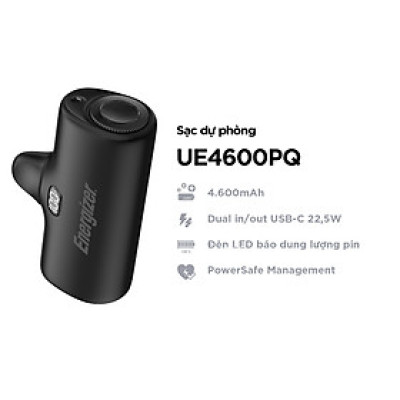 Sạc dự phòng Energizer 4,600mAh 3.6V Li-ion UE4600PQBK,Sạc nhanh PD 22.5W, bảo hành 24 tháng 1 đổi 1 - Hàng chính hãng