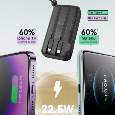 Pin sạc dự phòng ROCKSPACE Y30 10000mah sạc nhanh 22,5W tích hợp củ sạc, hàng chính hãng bảo hành 12 tháng 