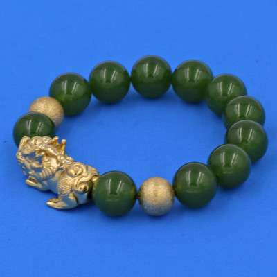 Vòng chuỗi đeo tay mã não xanh rêu 14 ly ( size lớn ) charm tỳ hưu và bi inox vàng, vòng tay chuỗi hạt