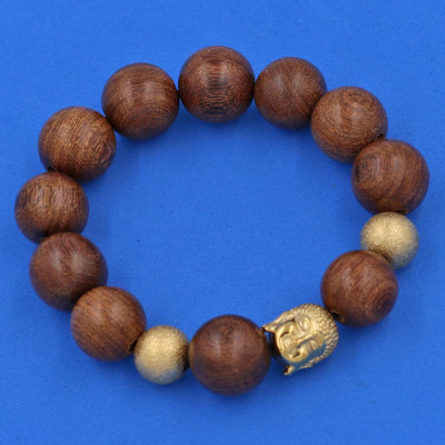 Chuỗi hạt đeo tay Gỗ Thủy Tùng Nâu 15 ly - Vòng tay Phật A Di Đà inox vàng VGTTNNLVHB14 - Vòng đeo tay size lớn